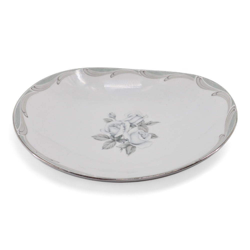 Vintage Japanese Broadway Rose Pattern Fine China Bowl Silver Trim Grey on White